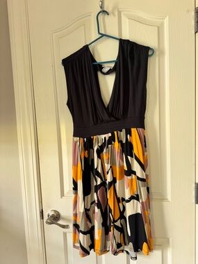 Sleeveless V-Neck Mixed Print Dress is navy and Multi